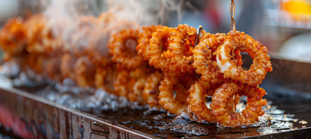 Crispy calamari rings fried to a perfect golden hue for a delightful taste experienceの素材