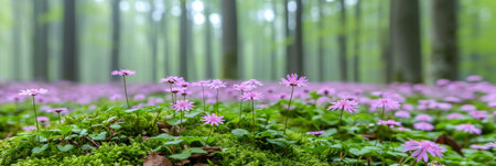 Serene spring forest landscape with mossy rocks and wildflowers, ideal for text placementの素材