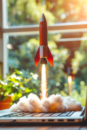 Laptop launching rocket symbolizes the successful start of a business with dramatic smoke effectsの素材