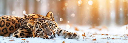 Majestic snow leopard lies gracefully on the serene and pristine white snow backgroundの素材