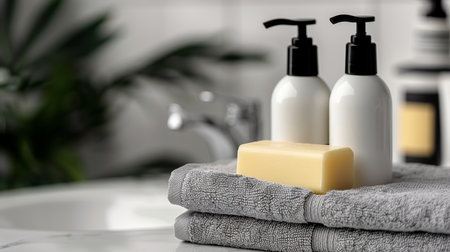 Spa bathroom setting with toiletries, soap, and towel on blurred white backgroundの素材