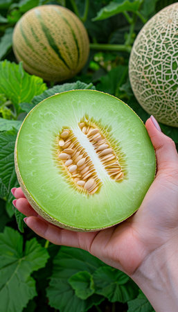 Hand holding honeydew melon on blurred background with copy space for text placementの素材