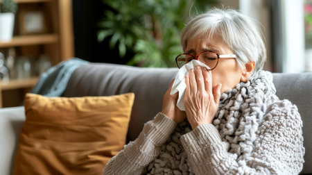 Detailed close up of elderly woman with cold blowing nose into tissue for health conceptの素材