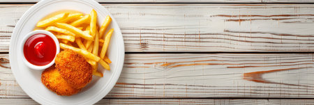 Top view of traditional chicken nuggets and french fries on wooden table with copy spaceの素材