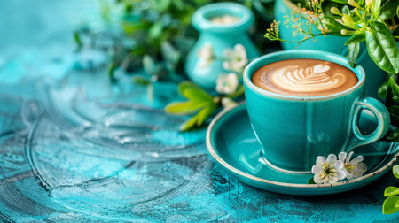 Side view of coffee cup on table with generous space for convenient text insertionの素材