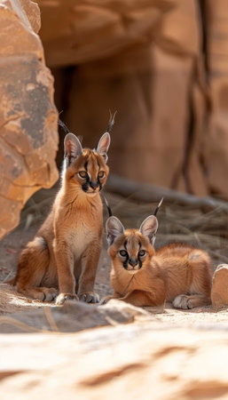 Male caracal and caracal kitten portrait with spacious left side for text placementの素材