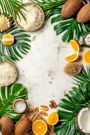 Eco friendly spa accessories still life on white background with ample space for text placementの素材