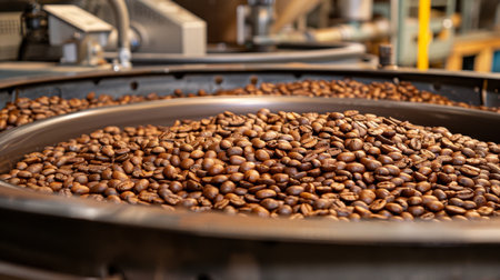 Modern coffee roasting machine presenting freshly roasted and aromatic coffee beansの素材