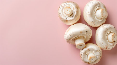 Agaricus bisporus mushroom showcased on a serene pastel background for aesthetic enhancementの素材