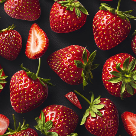 Detailed seamless pattern of vivid realistic fresh strawberries in a close up viewの素材