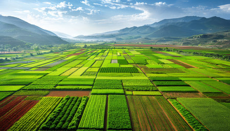 Scenic aerial view of lush rural landscape with green fields and agricultural farmlandの素材