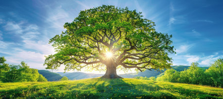 Majestic green oak tree bathed in sunlight on a lush meadow under a clear blue skyの素材