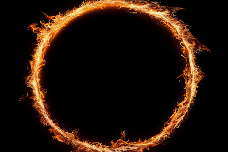 Circular frame of fiery flames in the shape of a circle, isolated on dark backgroundの素材