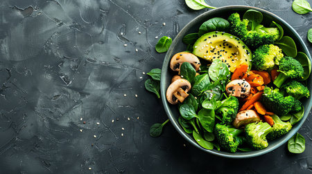 Wholesome vegan lunch bowl featuring avocado, mushrooms, broccoli, and spinach for a nutritious mealの素材