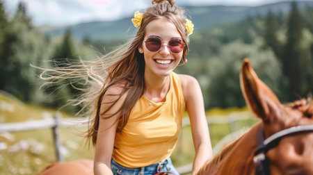 Woman horseback riding in mountain landscape with ample space for text placementの素材