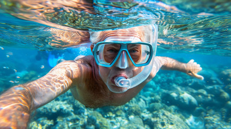 Elderly person snorkeling with a mask in the ocean at a secluded tropical islandの素材