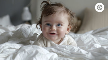 Cute baby girl peacefully lying on a white bed with a beautifully blurred backgroundの素材