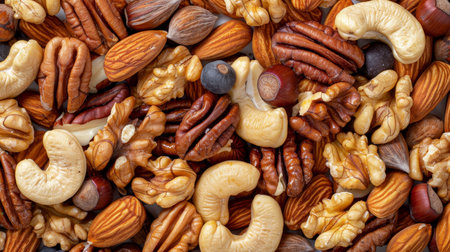 Assorted nuts arranged in top view creating a natural background with a variety of nut typesの素材