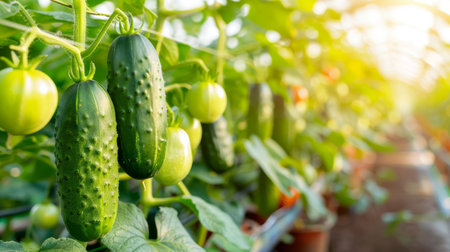 Organic cucumbers thriving in a greenhouse environment for optimal growth and freshnessの素材