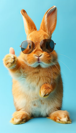 Stylish easter bunny in shades, giving thumbs up on pastel background with space for textの素材