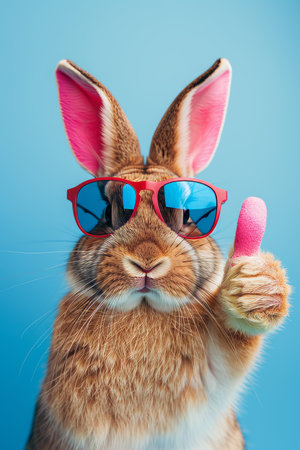 Cool easter bunny rabbit wearing sunglasses gives thumbs up on pastel backgroundの素材