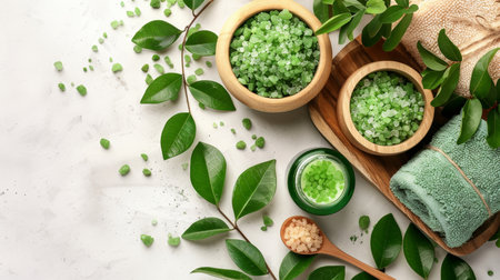 Eco friendly spa accessories on white background with space for personalized text placementの素材