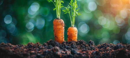 Freshly harvested vibrant carrots in a flourishing greenhouse garden, just pulled from the rich soilの素材