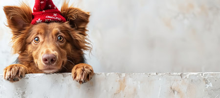 Adorable puppy in a christmas hat playfully peeking from behind a festive blank bannerの素材