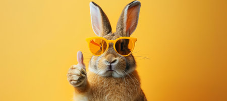 Stylish easter bunny rabbit in shades giving thumbs up on pastel backdrop with space for textの素材