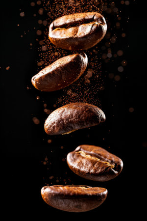 Elegant display of levitating roasted coffee beans on a striking black backgroundの素材