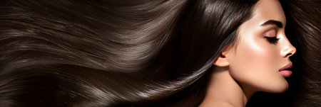 Glossy dark hair background with smooth, healthy and shiny hair texture for stunning visualsの素材