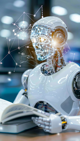 Human like ai robot with book surrounded by holographic math equations on blurred backgroundの素材