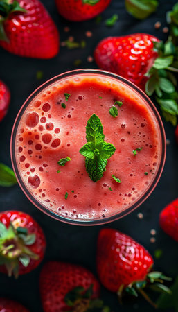 Selective focus on refreshing strawberry smoothie for detox diet  healthy vegetarian eating conceptの素材
