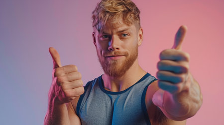 Athletic men in sports attire showing thumbs up on pastel gradient backdrop with space for textの素材