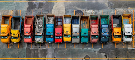 Truck fleet parked at delivery company yard for efficient transportation and logisticsの素材