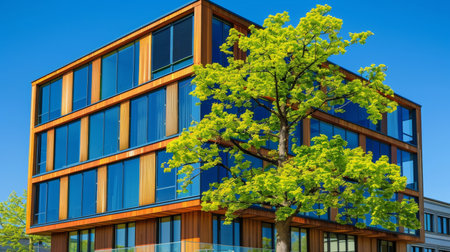 Modern city sustainable glass office building with eco friendly design and integrated greeneryの素材