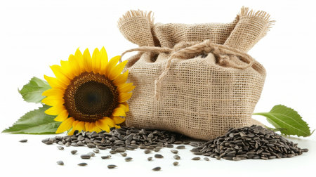Sunflower seeds array on white backdrop for detailed observation and visual emphasisの素材