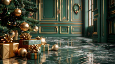 Christmas tree with golden baubles and gifts on green background, festive holiday conceptの素材
