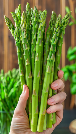 Hand holding fresh asparagus selection with blurred background, ideal for text placementの素材