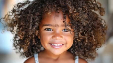 Sweet child with curly locks smiling cheerfully, gazing in a different directionの素材