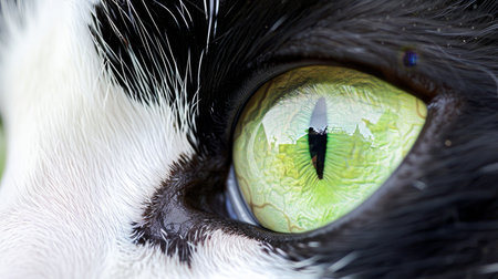 Intense gaze  cat s face close up capturing expressive eyes, reflecting pets and lifestyleの素材