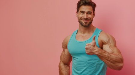 Muscular man in teal sleeveless shirt gesturing approval on soft colored backdrop with room for textの素材