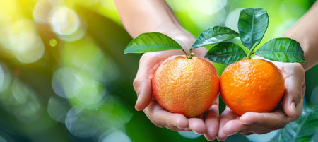 Organic orange and apple selection held in hand with blurred background, copy space availableの素材