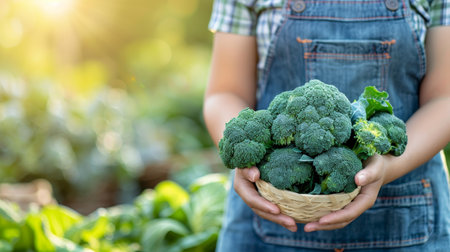 Fresh broccoli floret held in hand, selection of broccoli on blurred background with copy spaceの素材