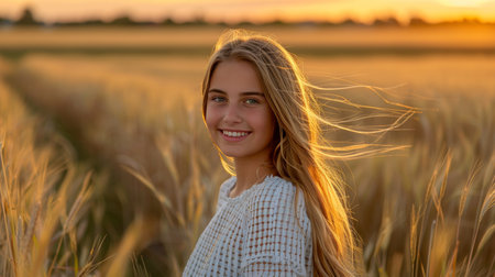 Joyful woman in scenic sunset wheat field, savoring nature s beauty and peaceful ambianceの素材