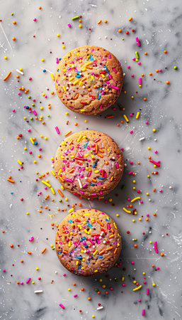 Professional food photography of frosted sugar cookies adorned with colorful sprinklesの素材
