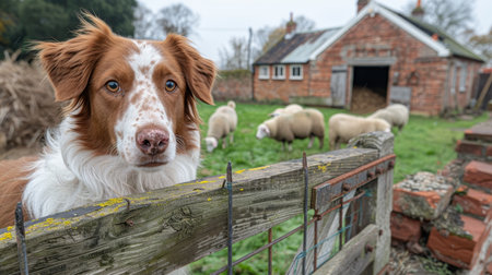 Dedicated farm dog diligently watching over a herd of sheep in a rural farm landscapeの素材