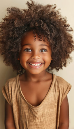 Happy curly haired child smiling and making eye contact with camera for a charming portraitの素材