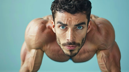 Determined european man exhibiting strength in fitness poses against studio backdropの素材