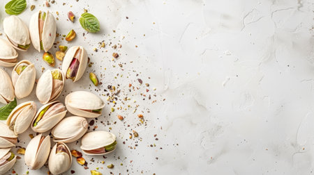Pistachios elegantly displayed on a pristine white tabletop with generous room for text placementの素材